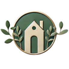 Logo rond sur fond vert avec les bords dorés composé d'une maison et de branches d'olivier qui sortent